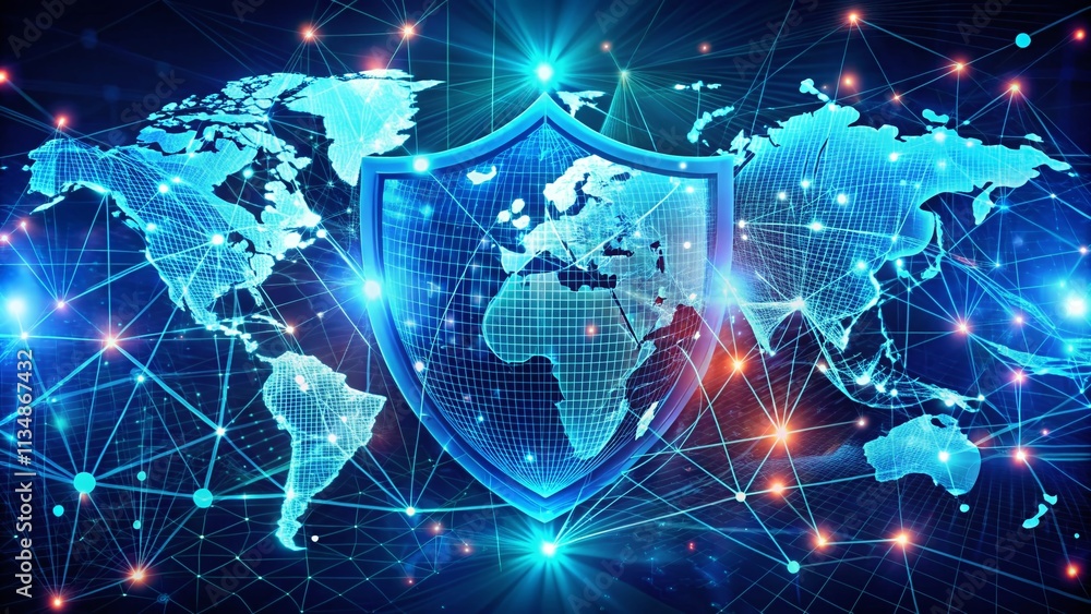 Poster cybersecurity world map illustration featuring a digital shield with network protection elements, sh