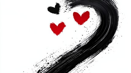 Black and white painting of a wave with three hearts in the middle. The hearts are red and are placed in the center of the wave. The painting has a romantic and dreamy feel to it