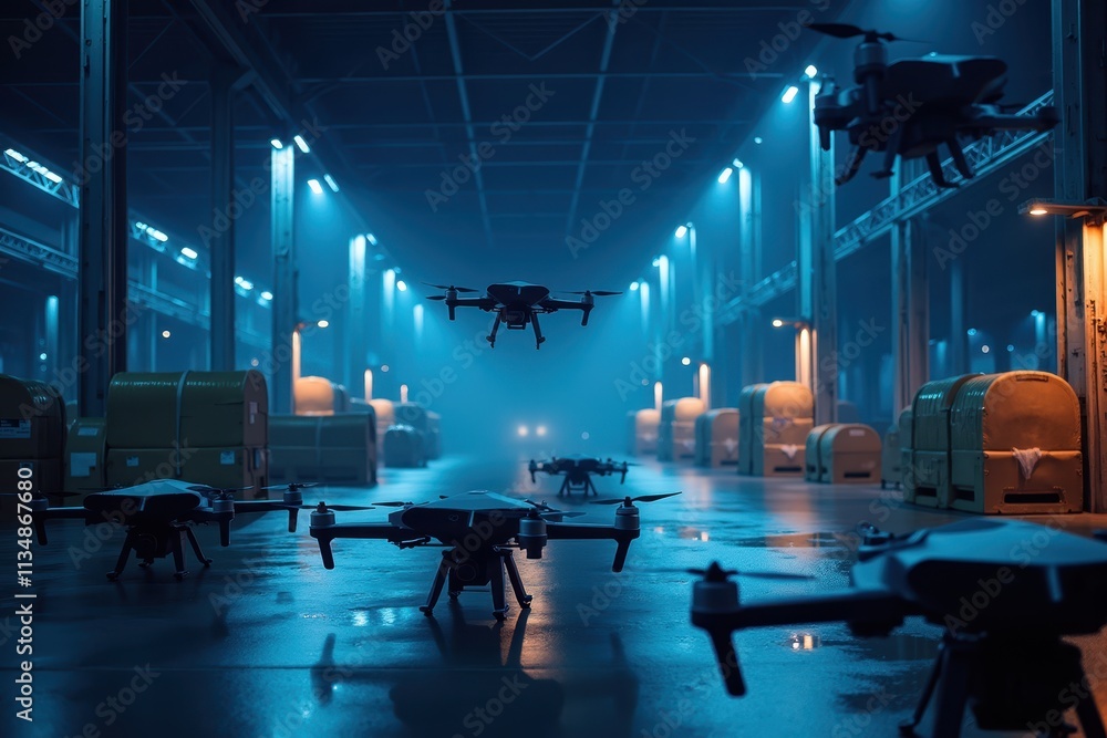 Poster a futuristic scene of drones in a warehouse environment with blue lighting and transporting operatio