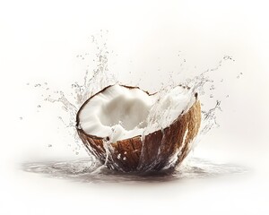 Coconut half splashing in water, isolated on white background.