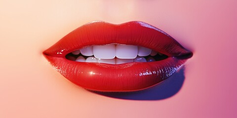 Close-up of red glossy lips with bright white teeth, symbolizing bold beauty and dental health confidence  