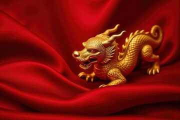 Golden dragon figurine on red silk background, showcasing intricate details and craftsmanship, perfect for art lovers and collectors of mythical artifacts and cultural treasures.