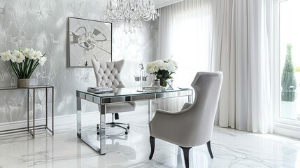 Beautiful home office with white and grey wallpaper walls