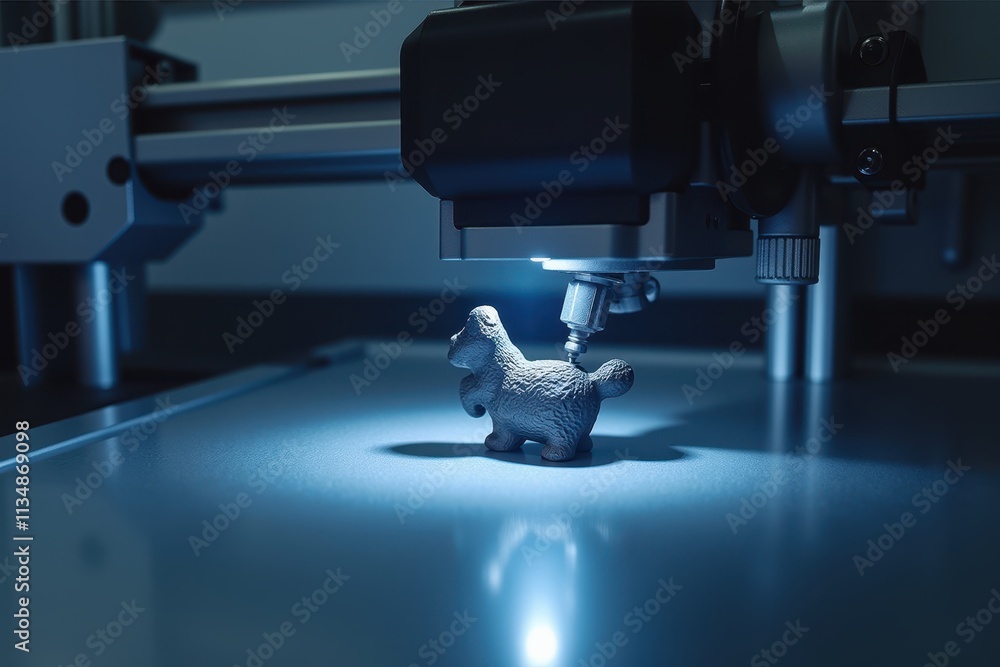 Poster advanced 3d printer creating detailed model of a dog figurine in a high-tech laboratory environment 