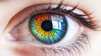 Fototapeta premium A realistic human eye model with bright iris colors, fine veins, set on a white background for maximum contrast.