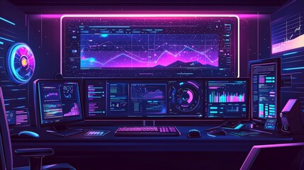 Obraz premium Dynamic data visualization setup home office digital artwork futuristic environment close-up view tech innovation