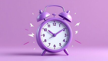 3d alarm clock and lightning in a realistic style. cartoon illustration isolated on purple background. 3d rendering