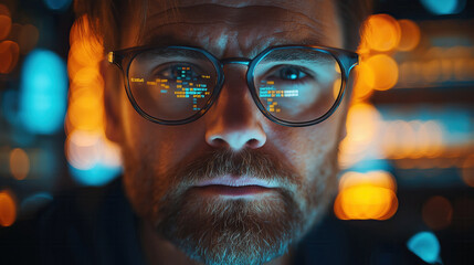 Focused male adult with glasses analyzing data in a futuristic setting