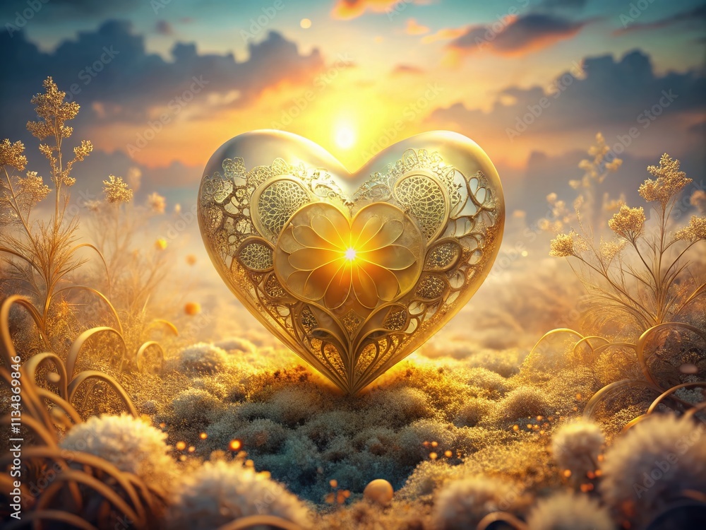 Poster delicate golden heart with intricate lace patterns and soft glowing center in an elegant abstract de