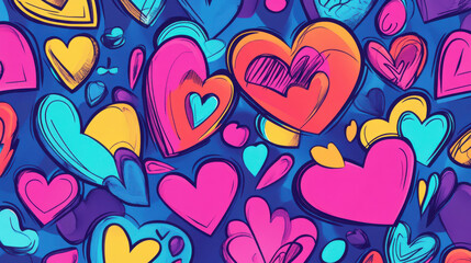 Vibrant heart patterns in various colors on blue background evoke joy