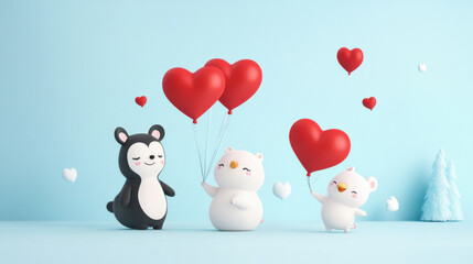 Cute animals holding red heart balloons in playful scene