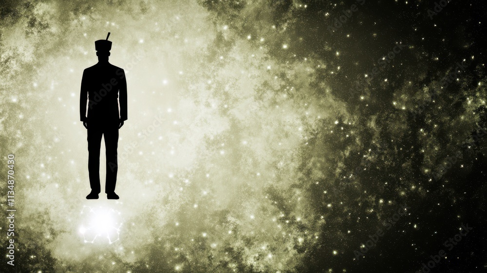 Poster silhouette of a figure in cosmic space with stars and nebula background creating an otherworldly atm