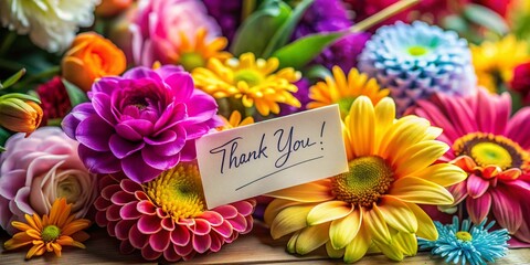 Delicate Thank You Note Surrounded by Vibrant Flowers in Macro Photography for a Heartfelt Expression of Gratitude and Beauty in Nature's Colors