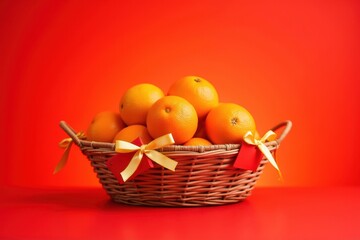 Fresh Oranges in a Decorative Basket Against a Vibrant Red Background - Perfect for Health, Nutrition, and Culinary Themes