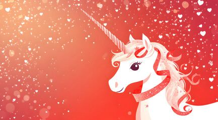 A whimsical unicorn illustration on a vibrant red background with hearts and sparkling effects, evoking a sense of magic and fantasy.