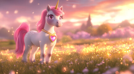 A whimsical unicorn stands in a vibrant, flower-filled meadow during sunset, radiating magic and charm in a fairy-tale landscape.