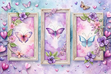 Delicate Watercolor Triptych Featuring Frames and Hearts with Purple and Pink Butterflies for Elegant Invitations, Announcements, and Celebrations in Beauty and Weddings