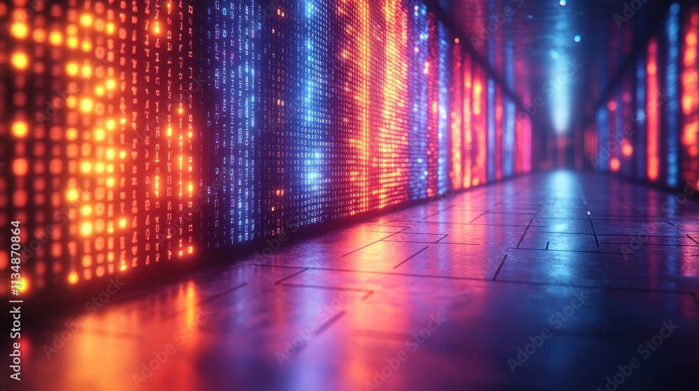 Poster futuristic digital landscape with glowing binary code matrix background in cyberpunk style