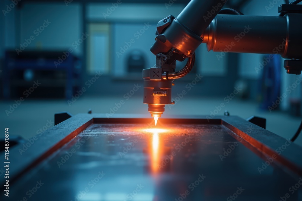 Poster advanced laser coating technology showcase in industrial setting featuring robotic arm precision for