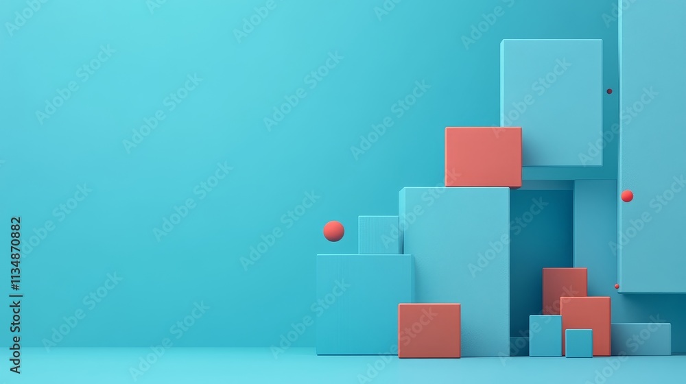 Poster colorful abstract shapes create a playful atmosphere with blue background and coral accents in a mod