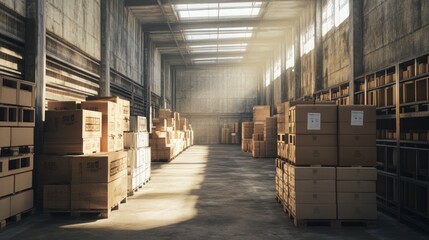 A well-lit warehouse aisle filled with neatly stacked boxes and pallets, showcasing a large storage space.