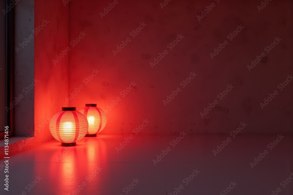 Poster modern lantern design featuring red illuminated lanterns in a minimalist interior space with soft sh