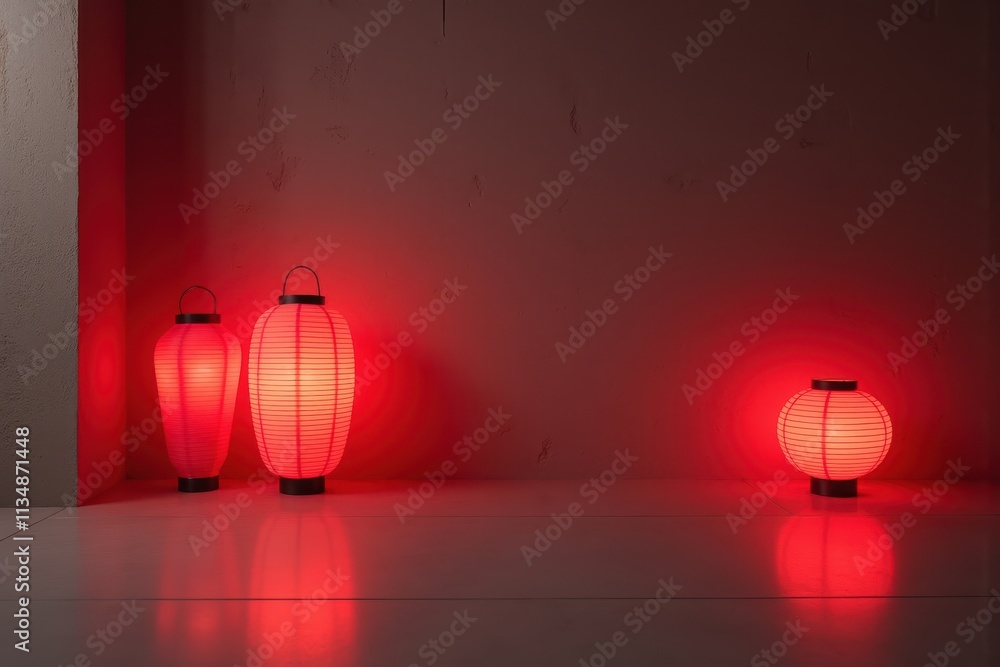 Poster modern red lanterns against minimalist background creating a warm and inviting atmosphere for contem