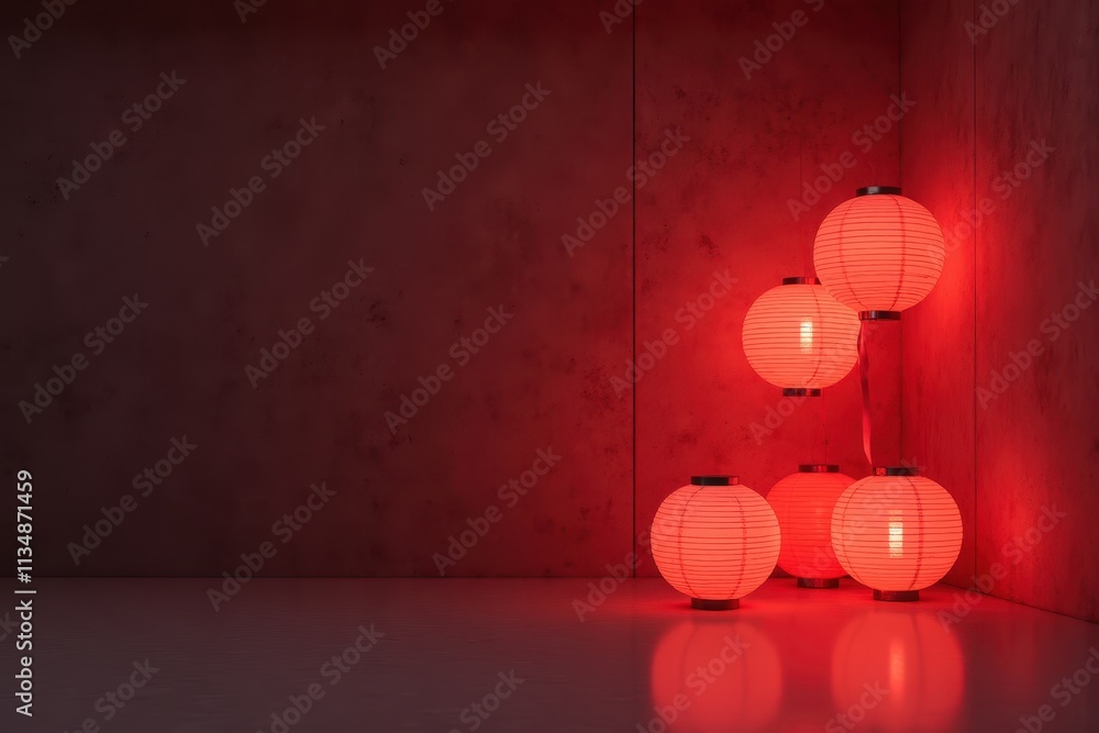 Poster modern lantern design in a contemporary setting with illuminated red lanterns against a textured wal