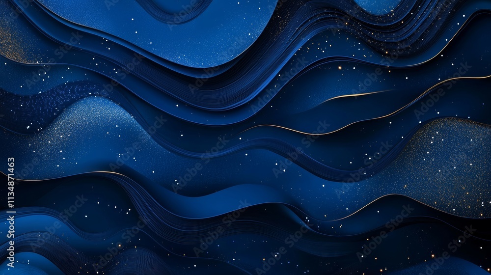 Poster flowing waves of deep blue with sparkling accents create an enchanting ocean-like landscape, evoking