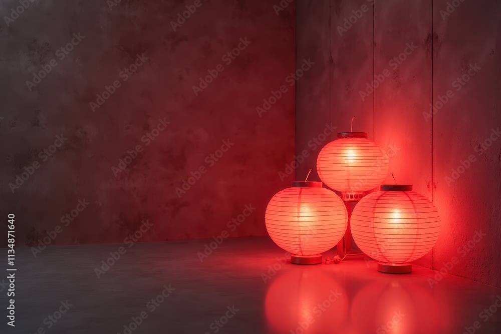 Poster modern red lanterns illuminating a minimalist interior space with soft lighting and unique design el