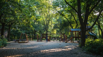 Obraz premium A children's playground with swings and slides surrounded by trees,