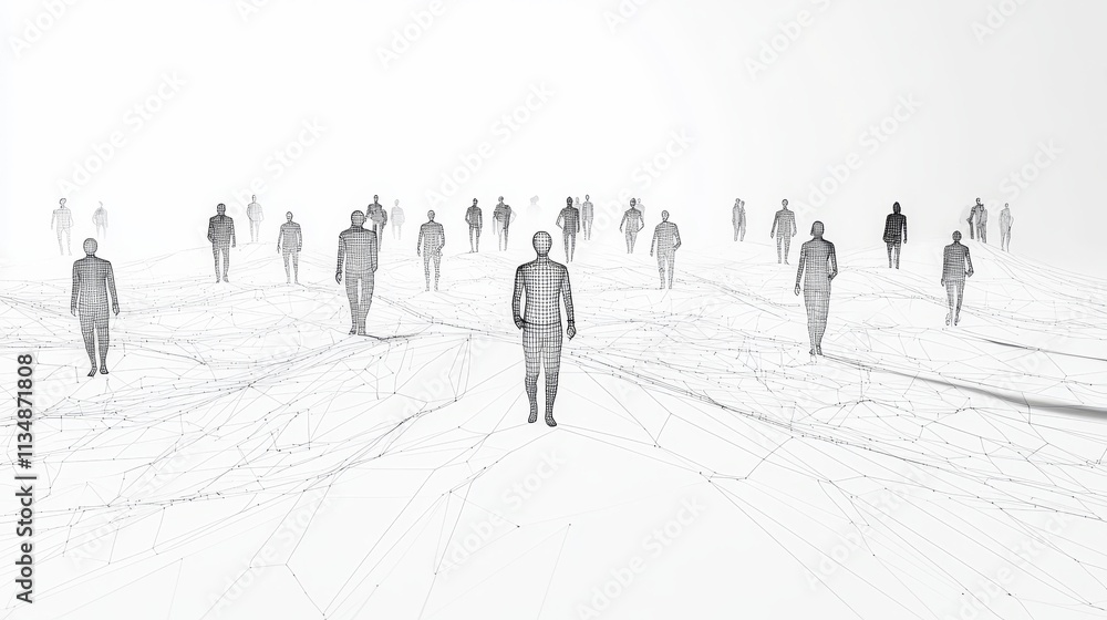 Poster Exploring the Ethereal Landscape of Human Figures in a Surreal Wireframe World Where Reality Blends With Imagination During an Otherworldly Journey