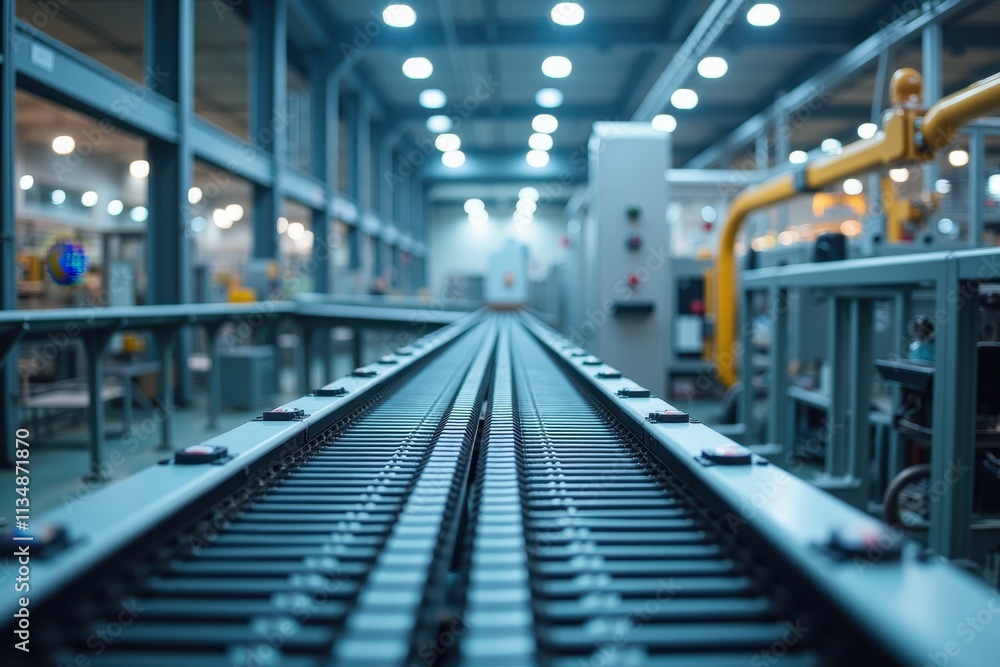 Poster industrial machinery and pipeline system in modern factory with assembly line and automated equipmen