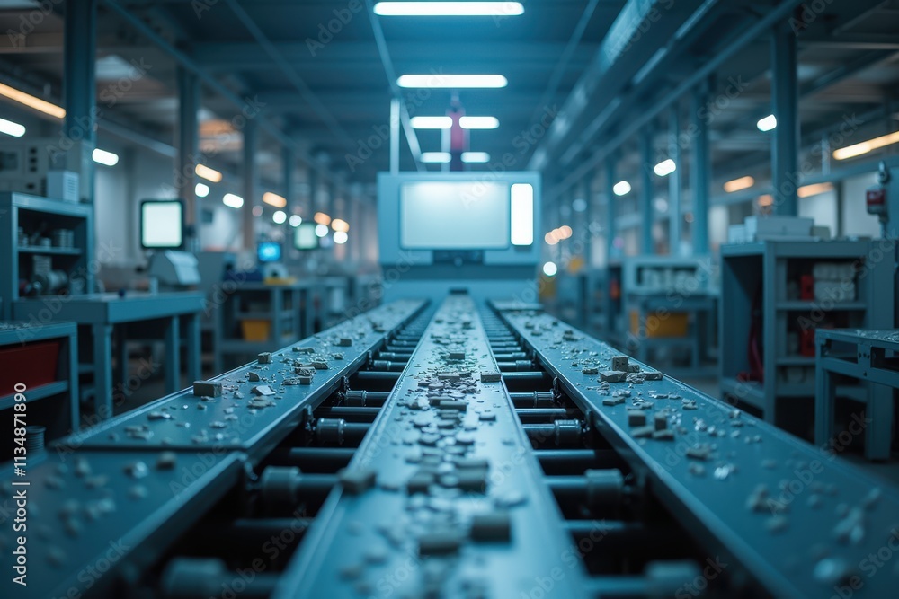 Poster industrial scene of a modern machinery workshop featuring equipment and a conveyor system in action 