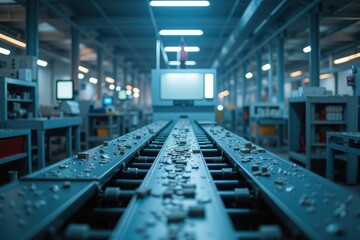 Obraz premium Industrial Scene of a Modern Machinery Workshop Featuring Equipment and a Conveyor System in Action with Various Components Scattered Along the Path