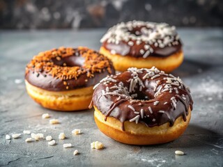 Delicious Close-Up of Chocolate and Coconut Donuts on a Gray Background with Ample Copy Space for Text or Branding