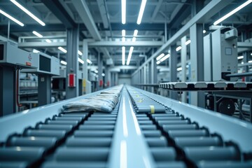 Fototapeta premium Modern Machinery and Conveyor Pipeline in Industrial Warehouse Setting Showcasing Efficient Transport of Goods in a High-Tech Environment