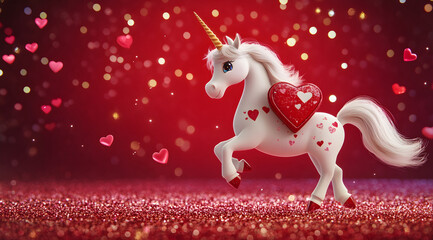 A whimsical unicorn with a heart on its side prances against a sparkling red background, surrounded by floating hearts.