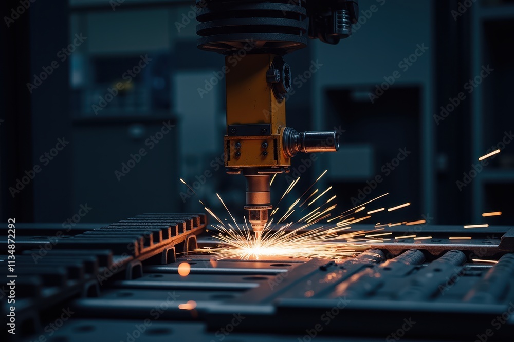 Aufkleber detailed close-up of robotic welding arm in action with sparks and industrial background highlightin
