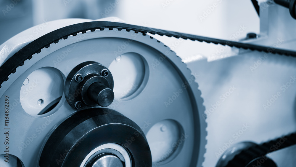 Poster A machine with a black and white belt is in motion. The belt is attached to the machine and is moving around the machine. The belt is made of a material that is strong and durable