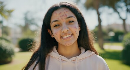 Natural beauty of a teenage girl with acne in a sunlit park setting