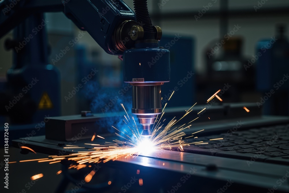 Poster high-precision robotic welding in action with sparks flying, showcasing advanced automation technolo