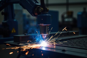 High-Precision Robotic Welding in Action with Sparks Flying, Showcasing Advanced Automation Technology in a Modern Manufacturing Environment