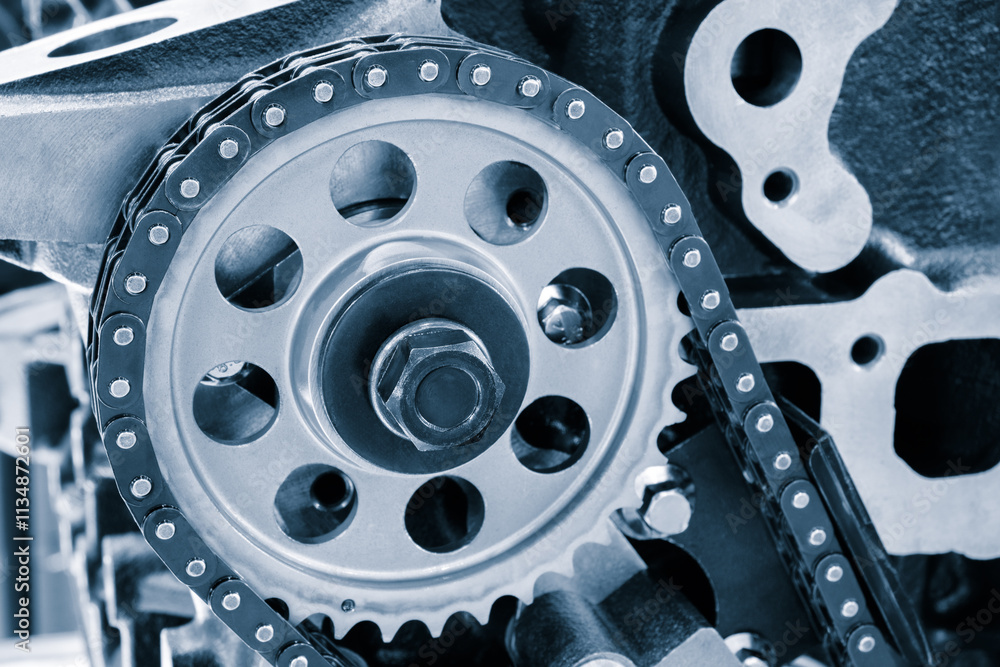 Poster A chain is attached to the engine. The chain is silver and has a lot of holes. chain is attached to a gear