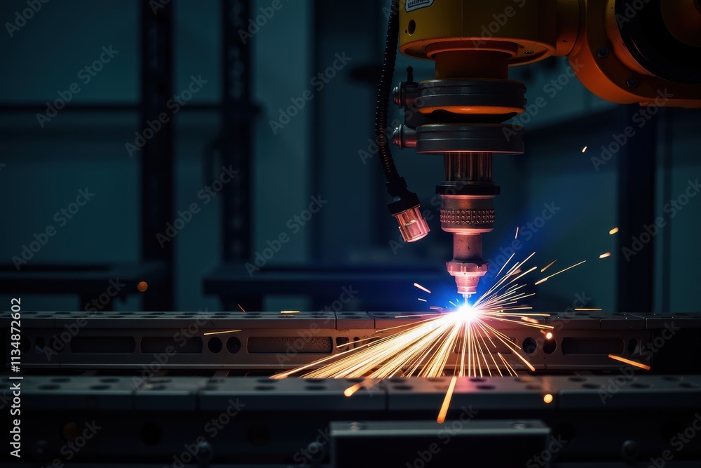 Poster robotic welding automation process with sparks and laser perspective in modern industrial setting