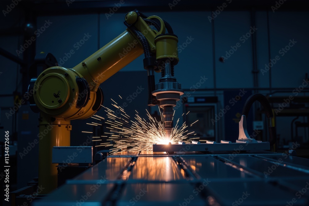 Aufkleber robotic arm performing welding operation in industrial automation environment with sparks and focuse