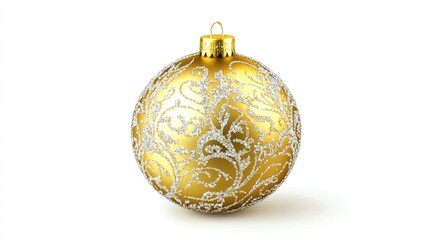 Beautiful golden Christmas ball ornament with embossed patterns and silver glitter, isolated against a white backdrop. 3D vector art.