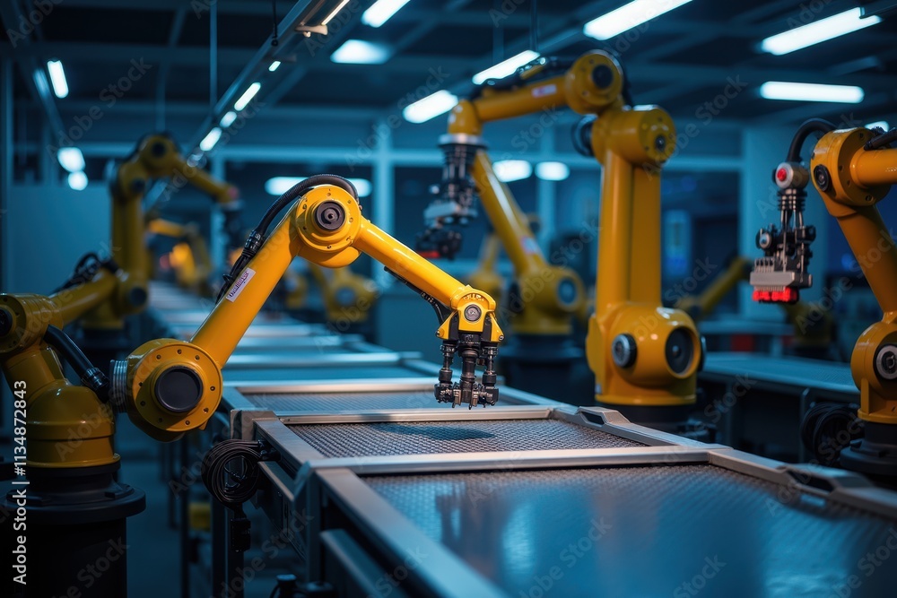 Poster advanced robotic arms in automated factory setting showcasing the future of manufacturing technology
