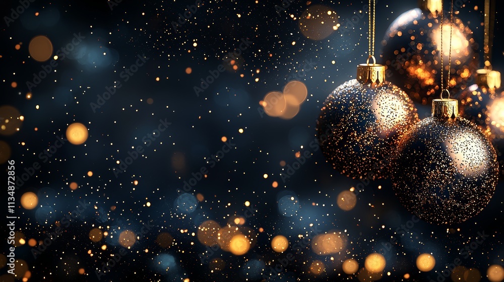 Poster sparkling ornaments dangle elegantly against a backdrop of shimmering golden lights creating a festi