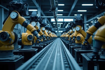Obraz premium Industrial Automation with Robotic Arms in a Modern Factory Setting Showcasing Cutting-Edge Technology and Efficiency in Manufacturing Processes
